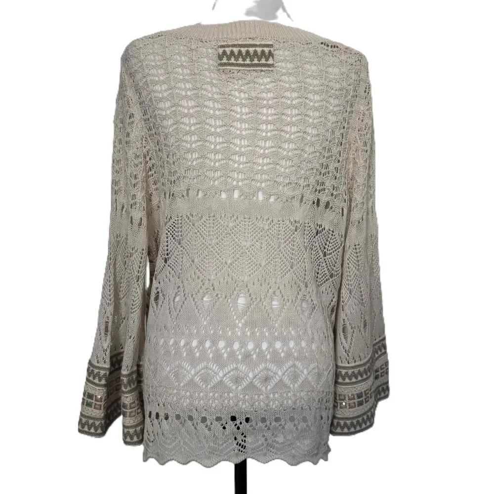 POL Sweater Crocheted Cream‎ Multicolor Embroidered Accents Pullover Size Medium